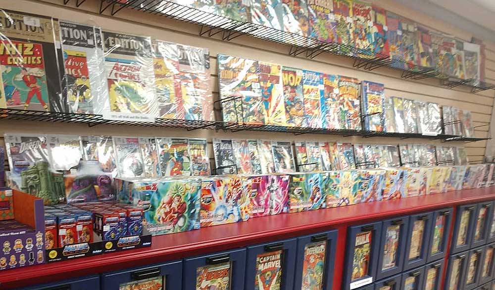 Wall racks and drawers full of comic books